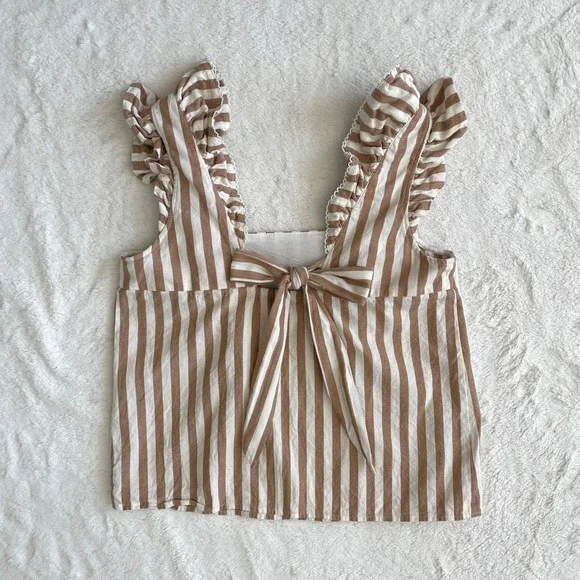 Sezane Meredith Striped Ruffle Camel Cream Bow Tank Blouse Size 40 FR / 8 US - Picture 3 of 8